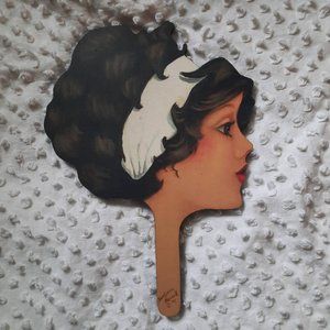 Artist painted hand mirror woman retro signed